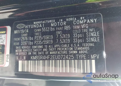 2014 Hyundai Santa Fe Gls z USA, uszkodzony, nr VIN KM8SR4HF2EU072425